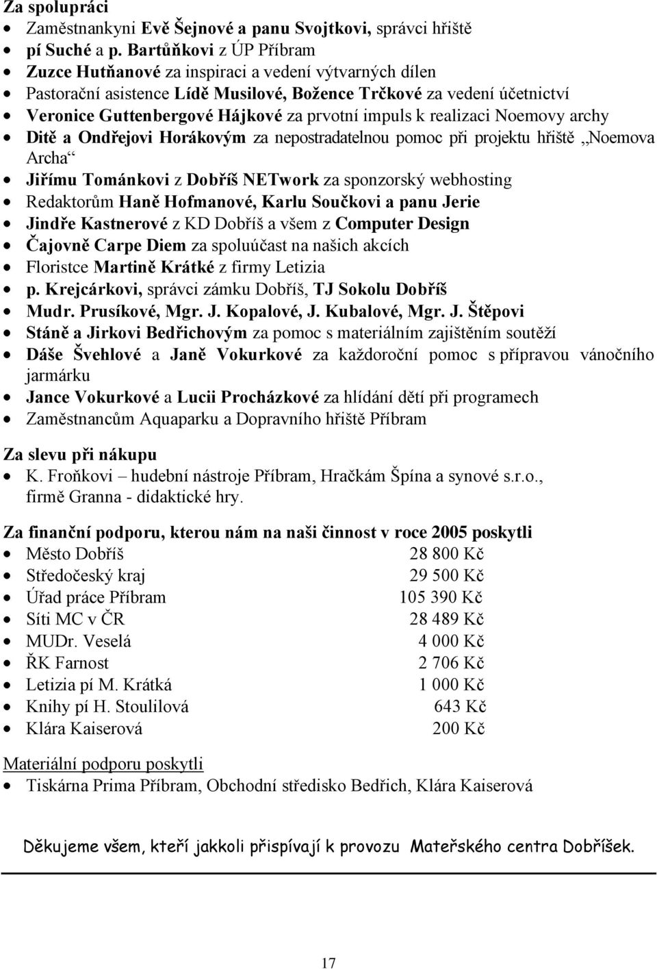 impuls k realizaci Noemovy archy Ditě a Ondřejovi Horákovým za nepostradatelnou pomoc při projektu hřiště Noemova Archa Jiřímu Tománkovi z Dobříš NETwork za sponzorský webhosting Redaktorům Haně