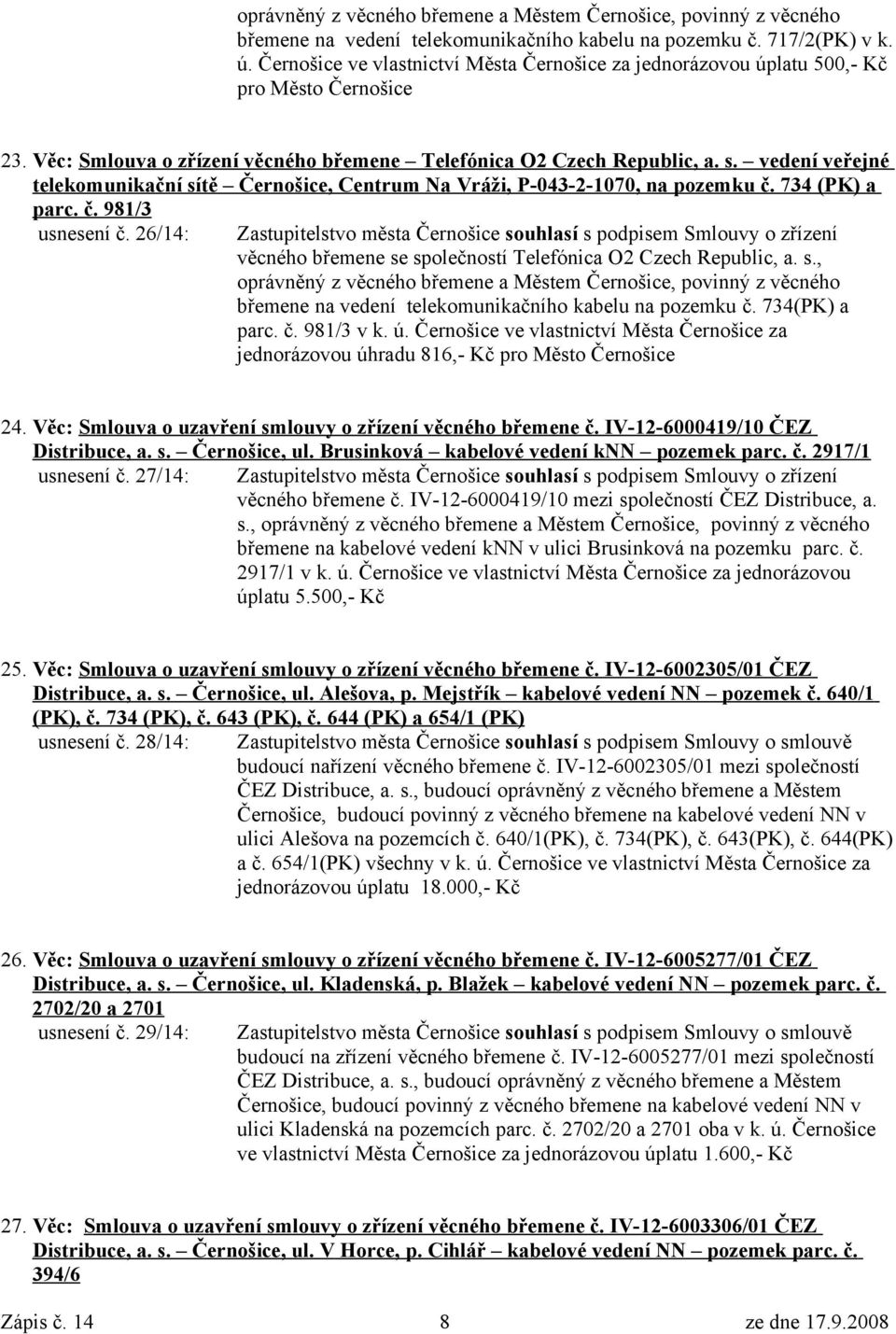 vedení veřejné telekomunikační sítě Černošice, Centrum Na Vráži, P-043-2-1070, na pozemku č. 734 (PK) a parc. č. 981/3 usnesení č.