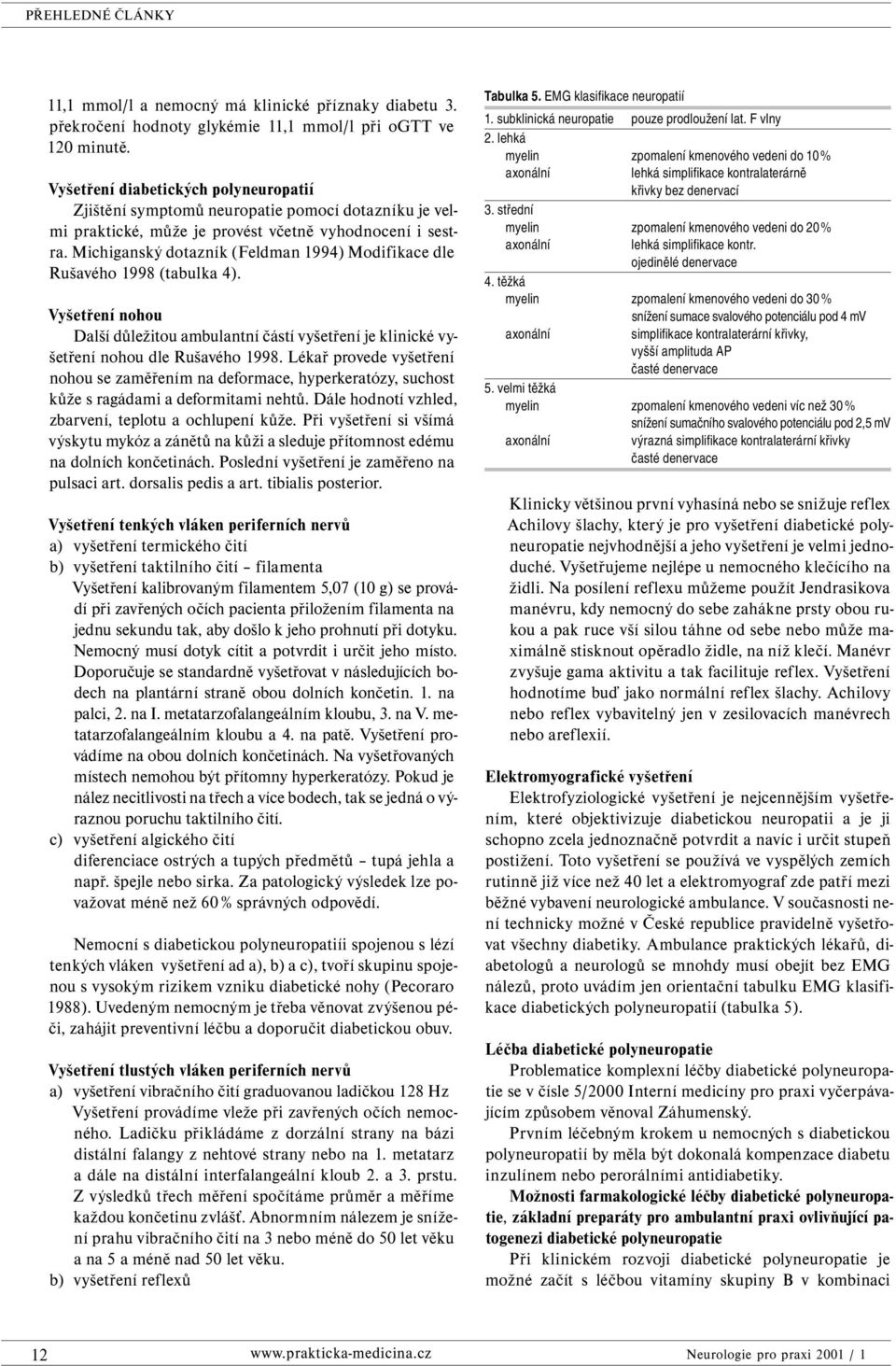 Michiganský dotazník (Feldman 1994) Modifikace dle Rušavého 1998 (tabulka 4). Vyšetření nohou Další důležitou ambulantní částí vyšetření je klinické vyšetření nohou dle Rušavého 1998.