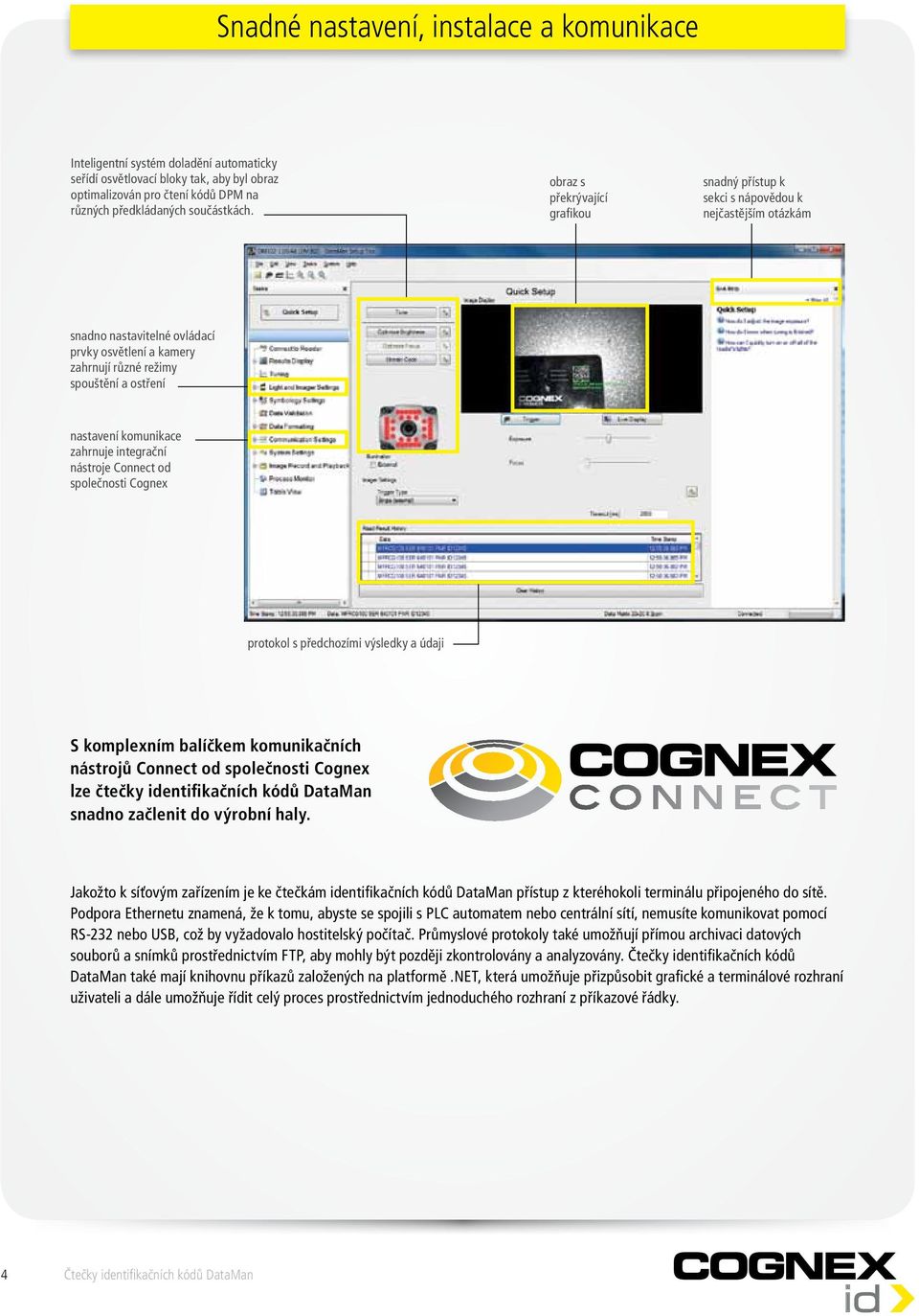 komunikace zahrnuje integrační nástroje Connect od společnosti Cognex protokol s předchozími výsledky a údaji S komplexním balíčkem komunikačních nástrojů Connect od společnosti Cognex lze čtečky