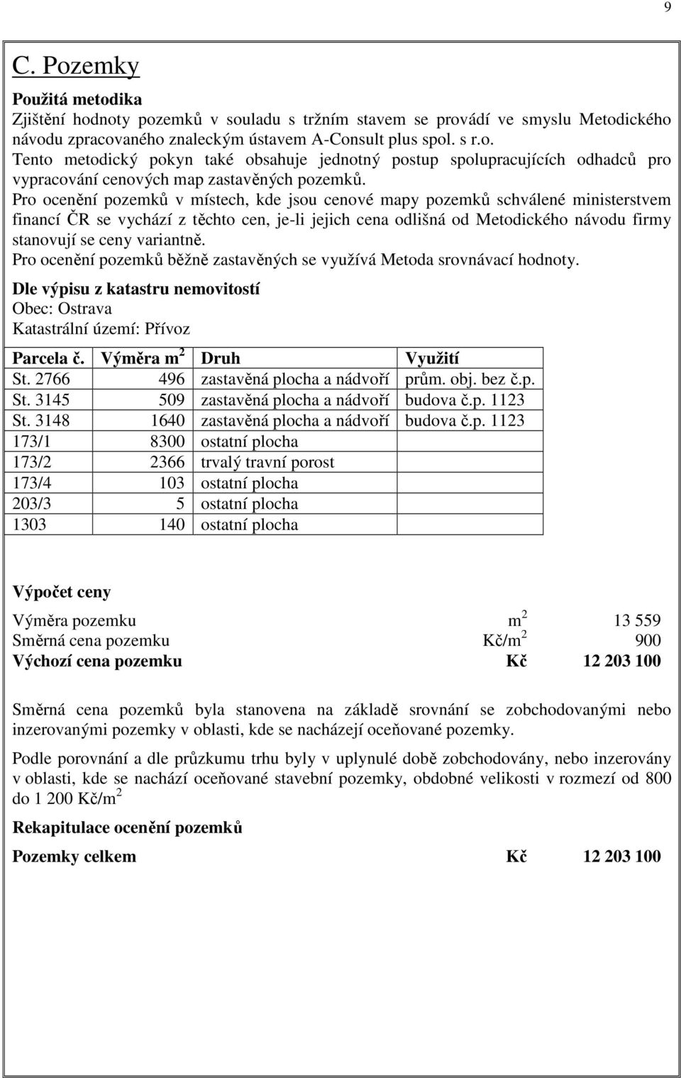 variantně. Pro ocenění pozemků běžně zastavěných se využívá Metoda srovnávací hodnoty. Dle výpisu z katastru nemovitostí Obec: Ostrava Katastrální území: Přívoz Parcela č. Výměra m 2 Druh Využití St.