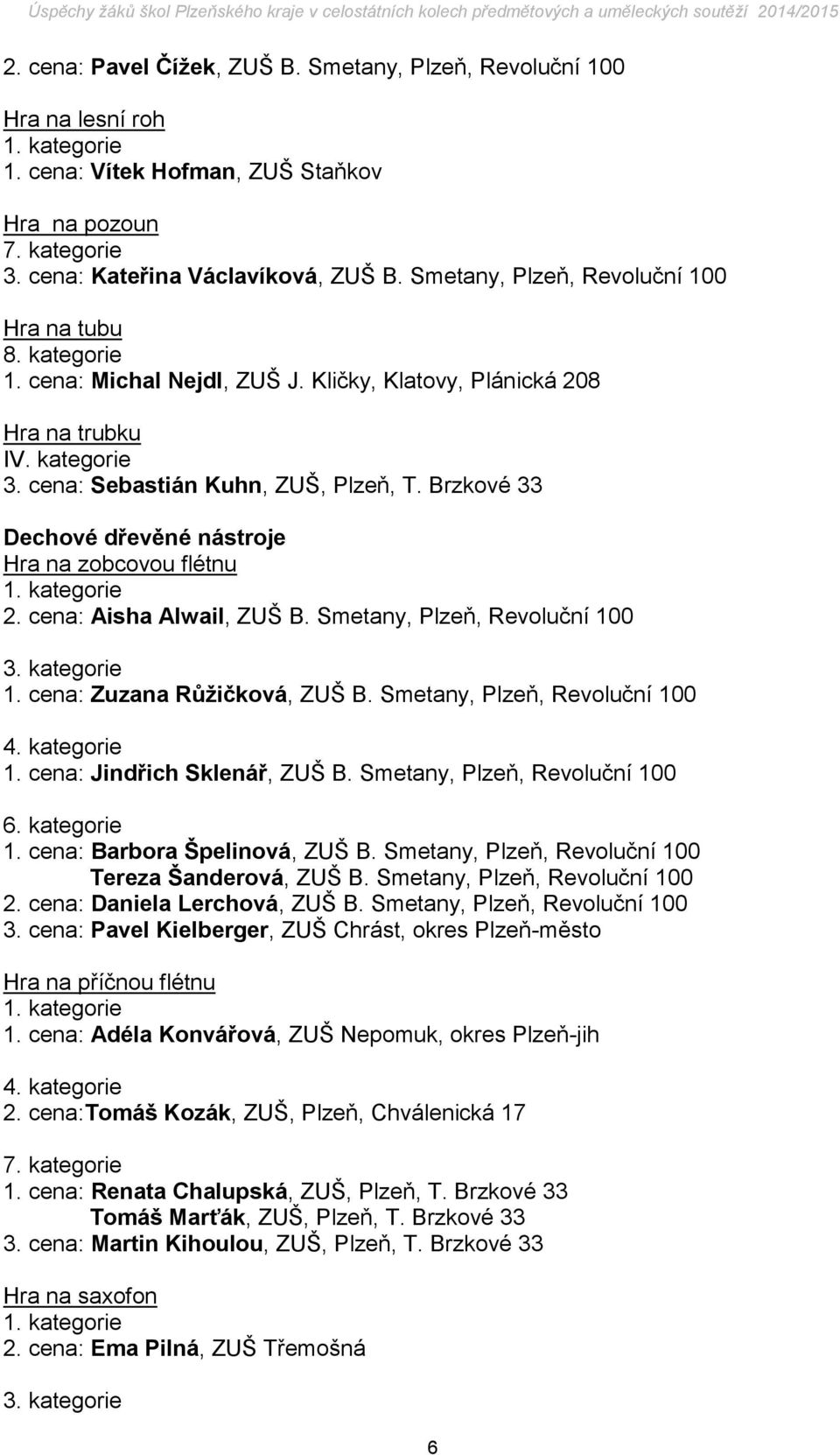 Brzkové 33 Dechové dřevěné nástroje Hra na zobcovou flétnu 2. cena: Aisha Alwail, ZUŠ B. Smetany, Plzeň, Revoluční 100 1. cena: Zuzana Růžičková, ZUŠ B. Smetany, Plzeň, Revoluční 100 1. cena: Jindřich Sklenář, ZUŠ B.