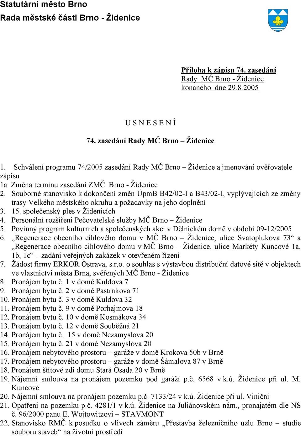 Souborné stanovisko k dokončení změn ÚpmB B42/02-I a B43/02-I, vyplývajících ze změny trasy Velkého městského okruhu a požadavky na jeho doplnění 3. 15. společenský ples v Židenicích 4.