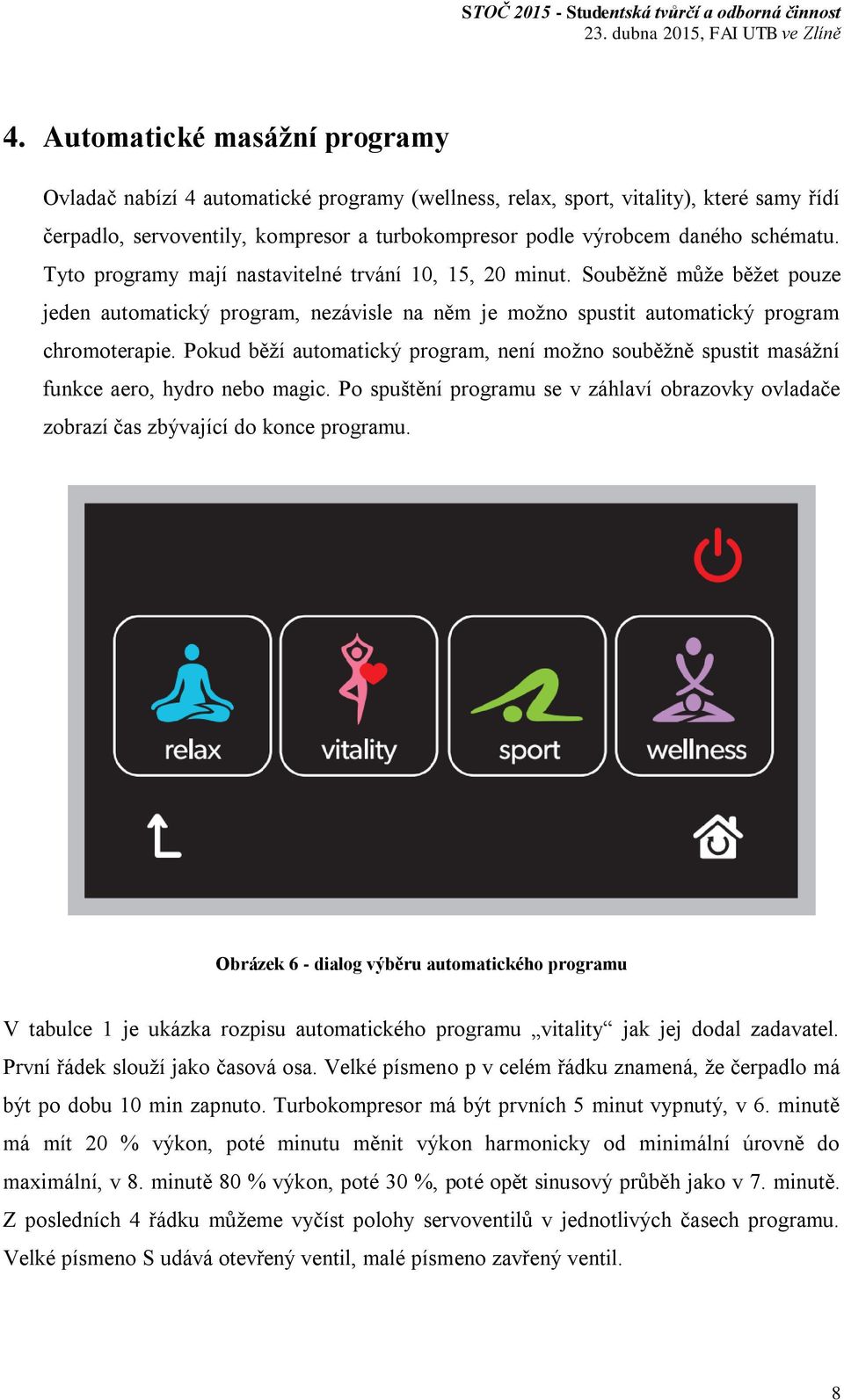 Pokud běží automatický program, není možno souběžně spustit masážní funkce aero, hydro nebo magic. Po spuštění programu se v záhlaví obrazovky ovladače zobrazí čas zbývající do konce programu.