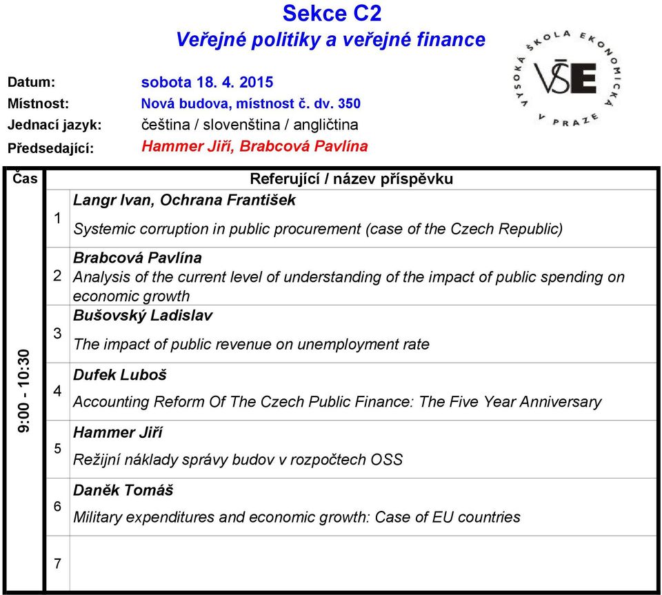 Republic) Brabcová Pavlína Analysis of the current level of understanding of the impact of public spending on economic growth Bušovský Ladislav The impact of public revenue