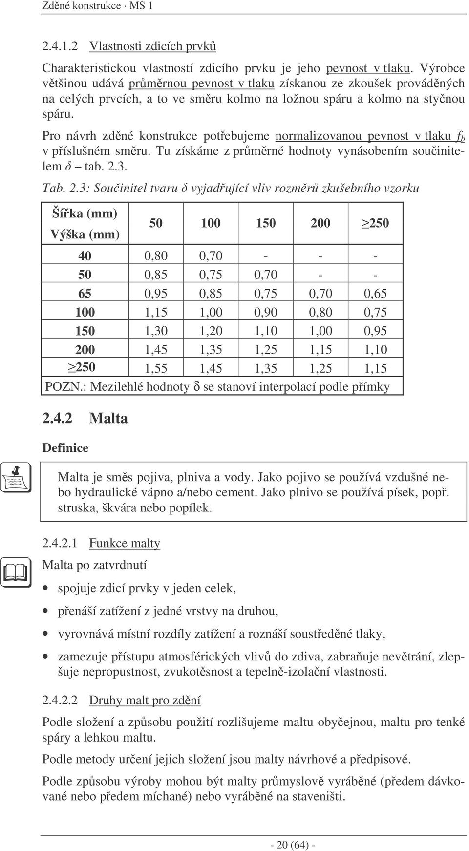 Pro návrh zdné konstrukce potebujeme normalizovanou pevnost v tlaku f b v píslušném smru. Tu získáme z prmrné hodnoty vynásobením souinitelem tab. 2.