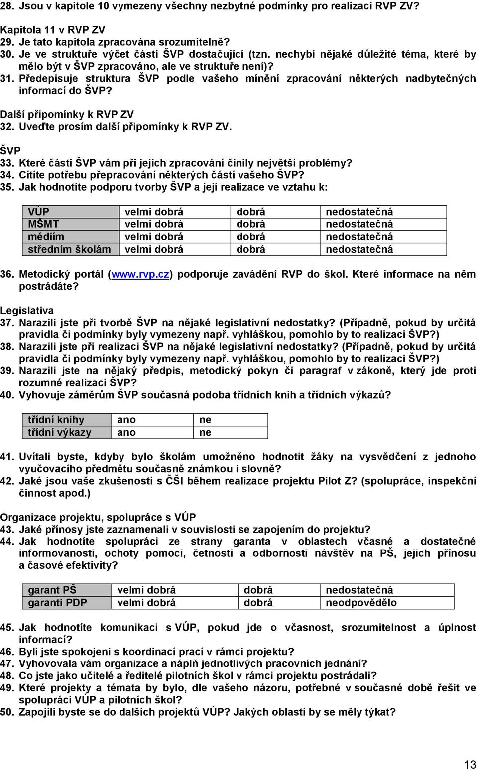 Další připomínky k RVP ZV 32. Uveďte prosím další připomínky k RVP ZV. ŠVP 33. Které části ŠVP vám při jejich zpracování činily největší problémy? 34.
