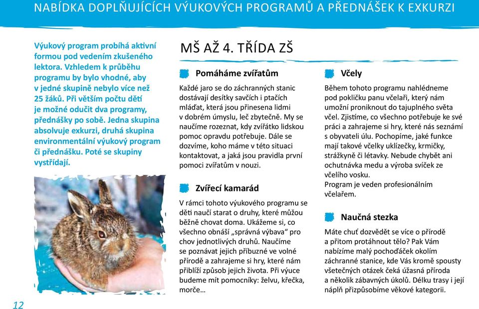 Jedna skupina absolvuje exkurzi, druhá skupina environmentální výukový program či přednášku. Poté se skupiny vystřídají. MŠ až 4.