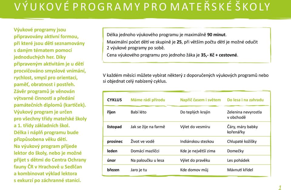 Závěr programů je věnován výtvarné činnosti a předání památečních diplomů (kartiček). Výukový program je určen pro všechny třídy mateřské školy a 1. třídy základních škol.