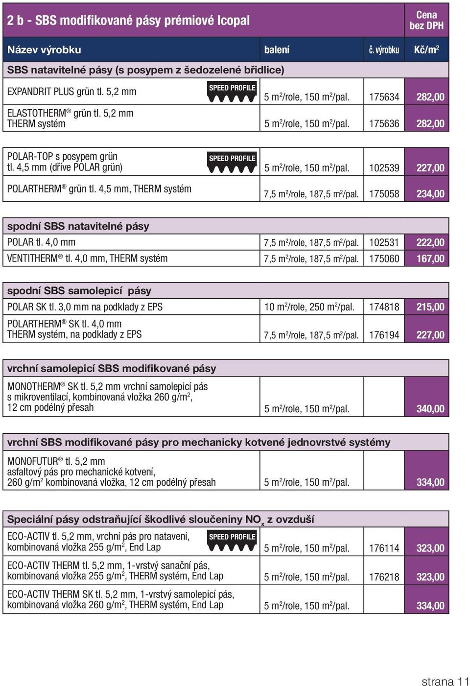 4,5 mm (dříve POLAR grün) 5 m 2 /role, 150 m 2 /pal. 102539 227,00 POLARTHERM grün tl. 4,5 mm, THERM systém 7,5 m 2 /role, 187,5 m 2 /pal. 175058 234,00 spodní SBS natavitelné pásy POLAR tl.