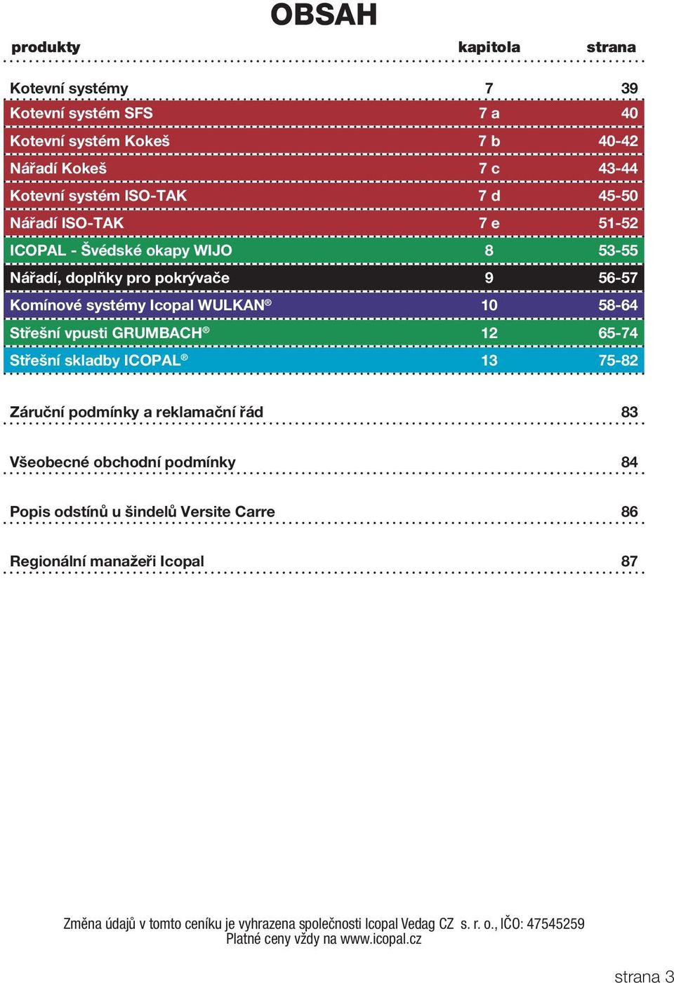 GRUMBACH 12 65-74 Střešní skladby ICOPAL 13 75-82 Záruční podmínky a reklamační řád 83 Všeobecné obchodní podmínky 84 Popis odstínů u šindelů Versite Carre 86