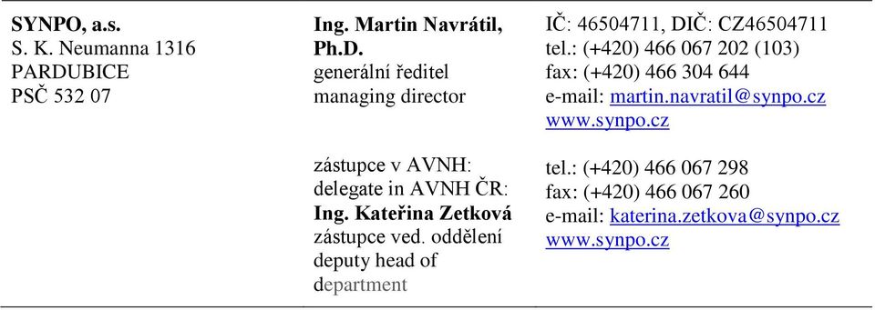 : (+420) 466 067 202 (103) fax: (+420) 466 304 644 e-mail: martin.navratil@synpo.cz www.synpo.cz tel.