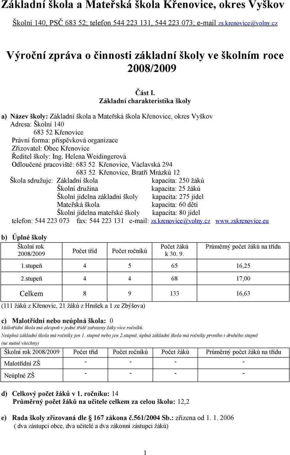 Základní charakteristika školy a) Název školy: Základní škola a Mateřská škola Křenovice, okres Vyškov Adresa: Školní 140 683 52 Křenovice Právní forma: příspěvková organizace Zřizovatel: Obec