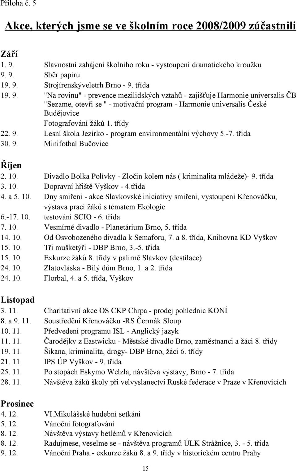 třídy 22. 9. Lesní škola Jezírko - program environmentální výchovy 5.-7. třída 30. 9. Minifotbal Bučovice Říjen 2. 10. Divadlo Bolka Polívky - Zločin kolem nás ( kriminalita mládeže)- 9. třída 3. 10. Dopravní hřiště Vyškov - 4.