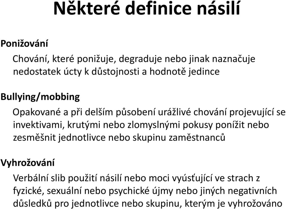 pokusy ponížit nebo zesměšnit jednotlivce nebo skupinu zaměstnanců Vyhrožování Verbální slib použití násilí nebo moci vyúsťující