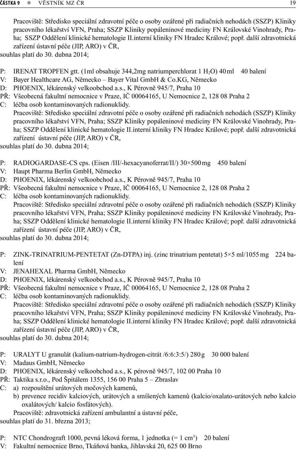 dubna 2014; P: IRENAT TROPFEN gtt. (1ml obsahuje 344,2mg natriumperchlorat 1 H 2 O) 40 ml 40 balení V: Bayer Healthcare AG, Německo Bayer Vital GmbH & Co.