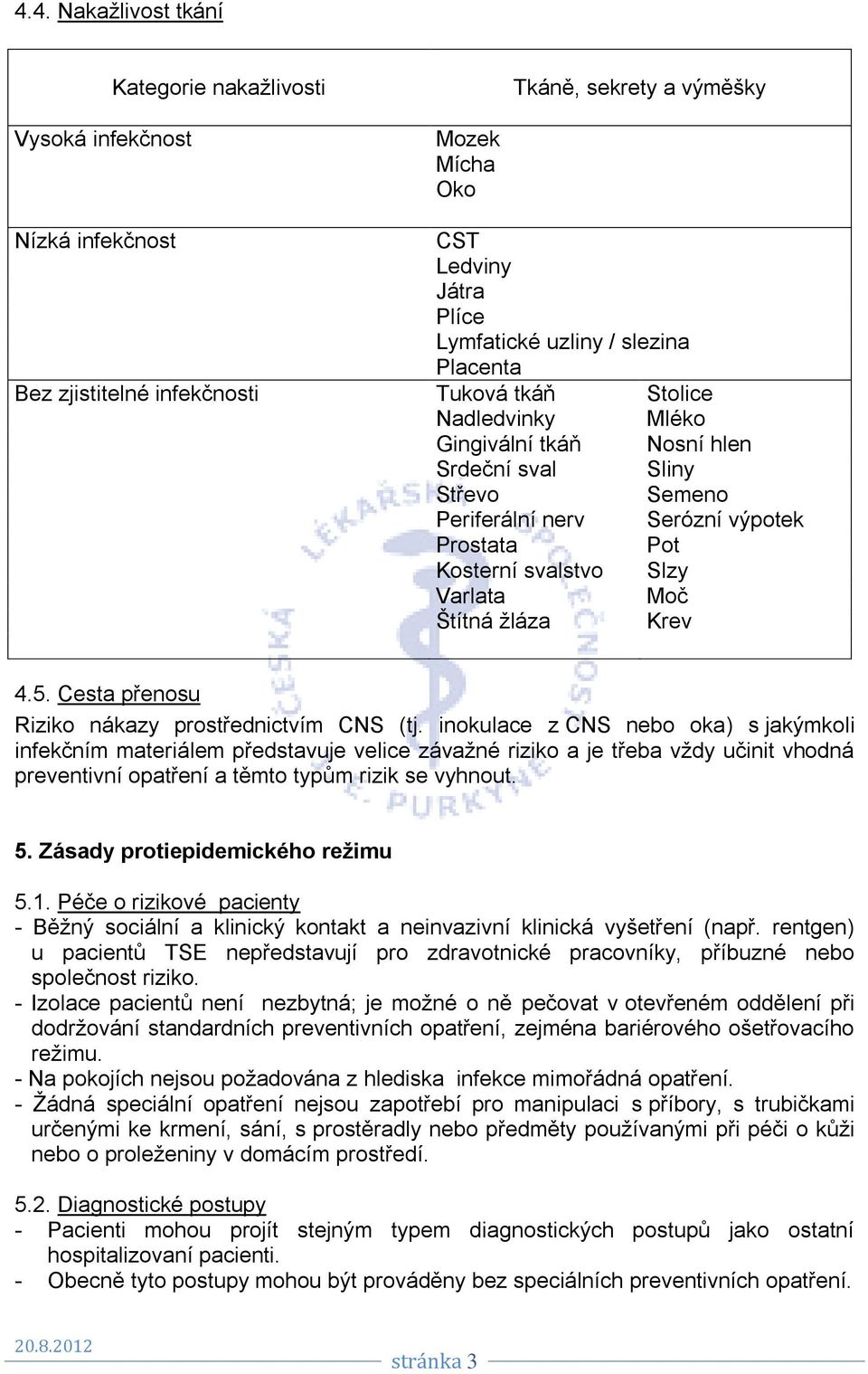 ţláza Krev 4.5. Cesta přenosu Riziko nákazy prostřednictvím CNS (tj.