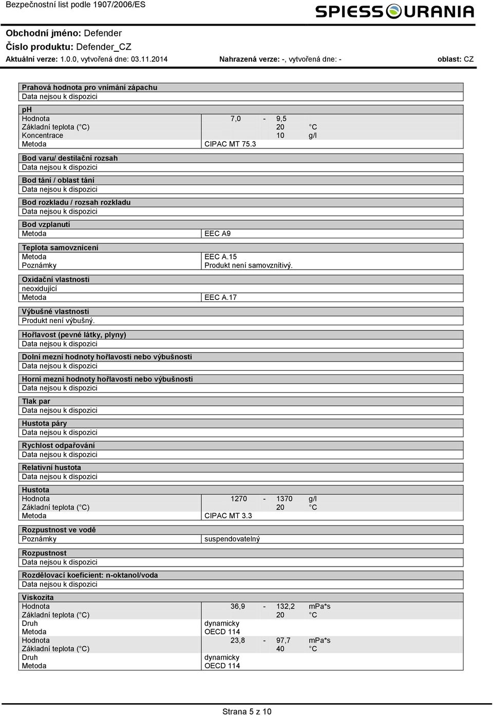 3 Bd varu/ destilační rzsah Bd tání / blast tání Bd rzkladu / rzsah rzkladu Bd vzplanutí Metda EEC A9 Teplta samvznícení Metda EEC A.15 Pznámky Prdukt není samvznítivý.