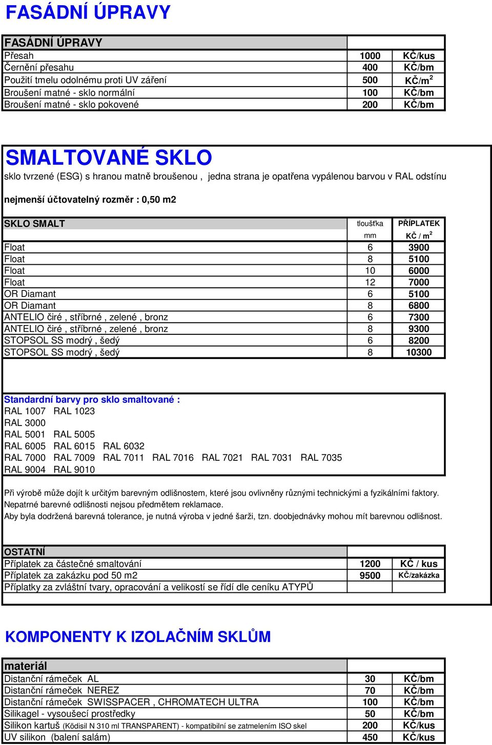 KČ / m 2 Float 6 3900 Float 8 5100 Float 10 6000 Float 12 7000 OR Diamant 6 5100 OR Diamant 8 6800 ANTELIO čiré, stříbrné, zelené, bronz 6 7300 ANTELIO čiré, stříbrné, zelené, bronz 8 9300 STOPSOL SS