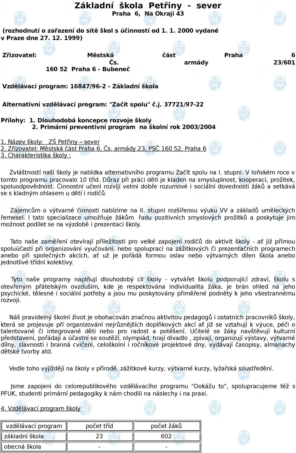 Primární preventivní program na školní rok 2003/2004 1. Název školy: ZŠ Petřiny sever 2. Zřizovatel: Městská část Praha 6, Čs. armády 23, PSČ 160 52, Praha 6 3.