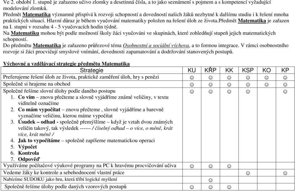 Hlavní důraz je během vyučování matematiky položen na řešení úloh ze života.předmět Matematika je zařazen na I. stupni v rozsahu 4-5 vyučovacích hodin týdně.