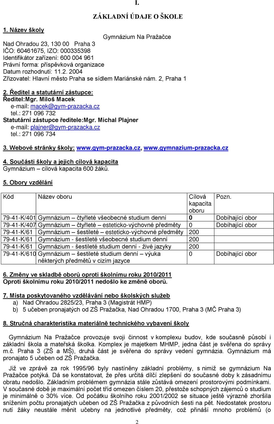 2, Praha 2. Ředitel a statutární zástupce: Ředitel:Mgr. Miloš Macek e-mail: macek@gym-prazacka.cz tel.: 27 096 732 Statutární zástupce ředitele:mgr. Michal Plajner e-mail: plajner@gym-prazacka.cz tel.: 27 096 734 3.