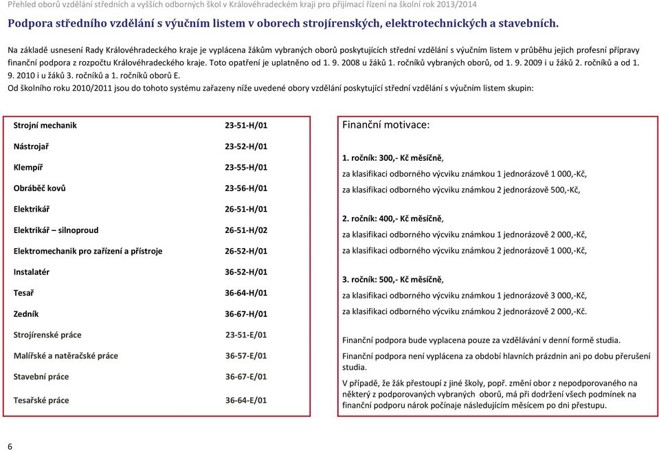 Královéhradeckého kraje. Toto opatření je uplatněno od 1. 9. 2008 u žáků 1. ročníků vybraných oborů, od 1. 9. 2009 i u žáků 2. ročníků a od 1. 9. 2010 i u žáků 3. ročníků a 1. ročníků oborů E.