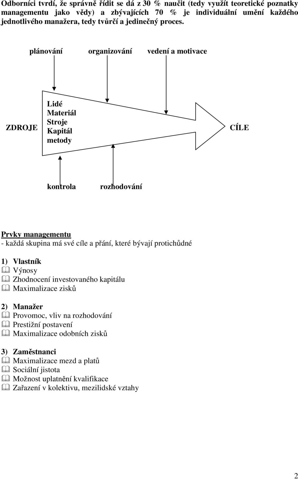 plánování organizování vedení a motivace ZDROJE Lidé Materiál Stroje Kapitál metody CÍLE kontrola rozhodování Prvky managementu - každá skupina má své cíle a přání, které