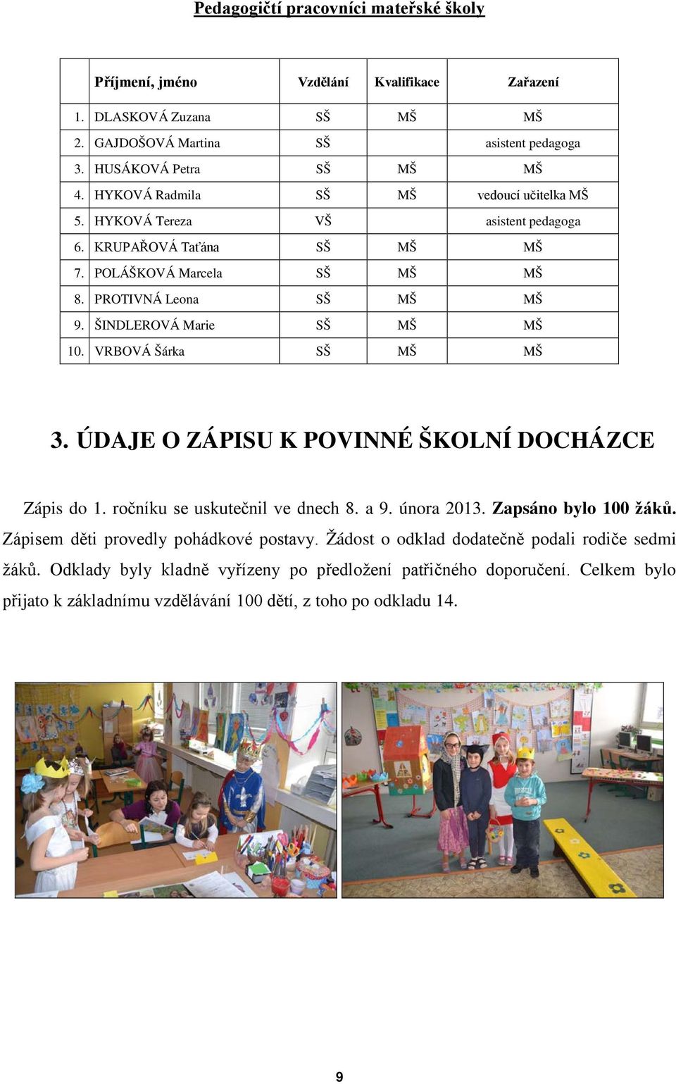 ŠINDLEROVÁ Marie SŠ MŠ MŠ 10. VRBOVÁ Šárka SŠ MŠ MŠ 3. ÚDAJE O ZÁPISU K POVINNÉ ŠKOLNÍ DOCHÁZCE Zápis do 1. ročníku se uskutečnil ve dnech 8. a 9. února 2013. Zapsáno bylo 100 žáků.