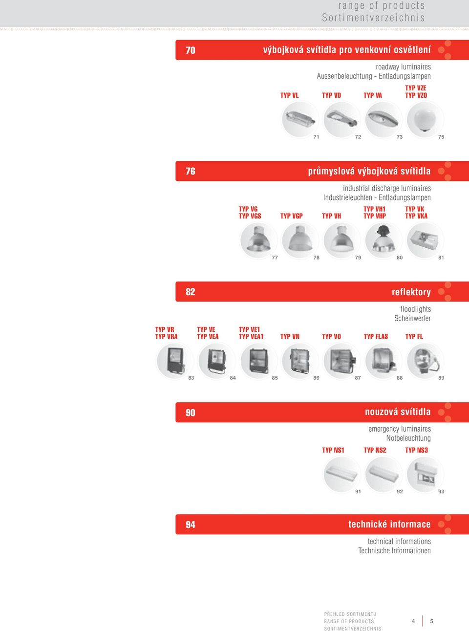 80 81 82 reflektory floodlights Scheinwerfer TYP VR TYP VRA TYP VE TYP VEA TYP VE1 TYP VEA1 TYP VN TYP VO TYP FLAS TYP FL 83 84 85 86 87 88 89 90 nouzová svítidla TYP NS1 emergency