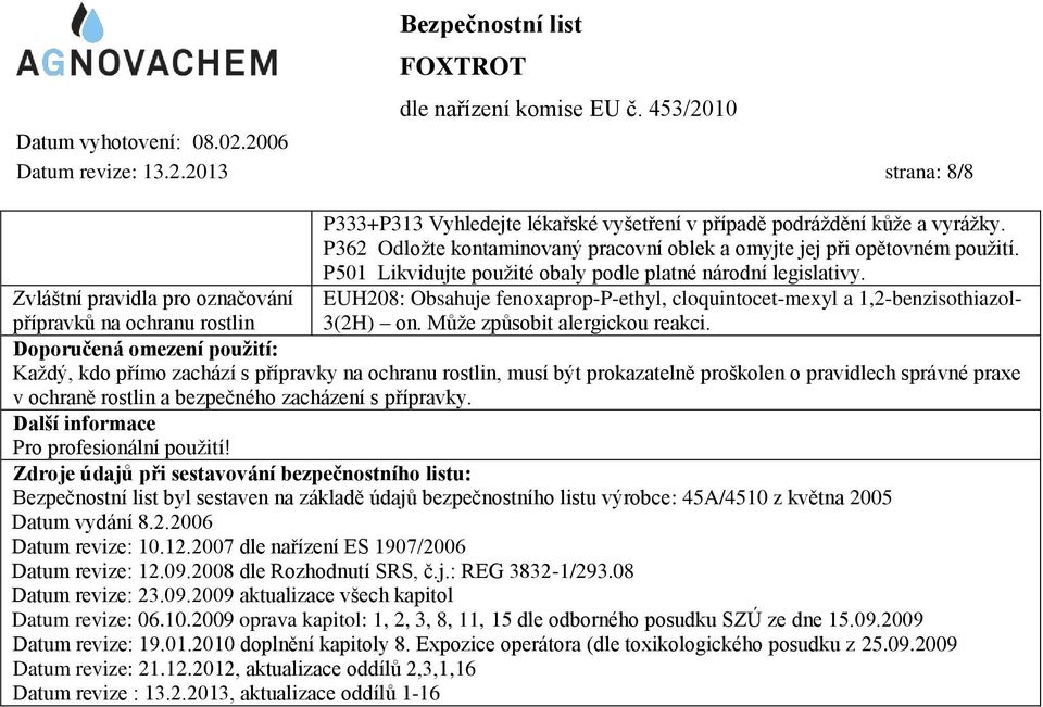 Zvláštní pravidla pro označování EUH208: Obsahuje fenoxaprop-p-ethyl, cloquintocet-mexyl a 1,2-benzisothiazolpřípravků na ochranu rostlin 3(2H) on. Může způsobit alergickou reakci.