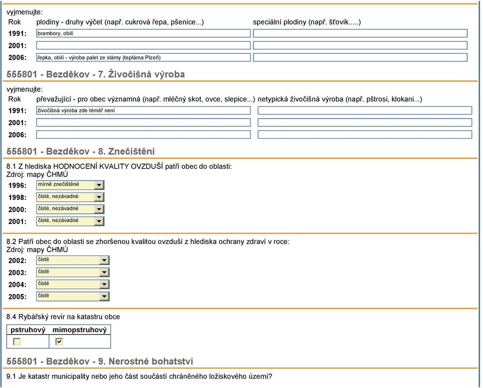 mléčný skot, ovce, slepice...) netypická živočišná výroba (např. pštrosi, klokani...) 1991: živočišná výroba zde téměř není 2001: 2006: 555801 - Bezděkov - 8. Znečištění 8.