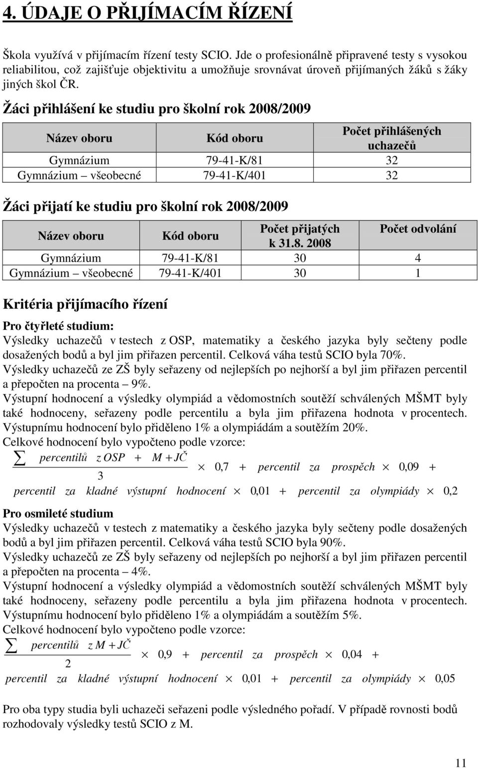 Žáci přihlášení ke studiu pro školní rok 2008/2009 Název oboru Kód oboru Počet přihlášených uchazečů Gymnázium 79-41-K/81 32 Gymnázium všeobecné 79-41-K/401 32 Žáci přijatí ke studiu pro školní rok