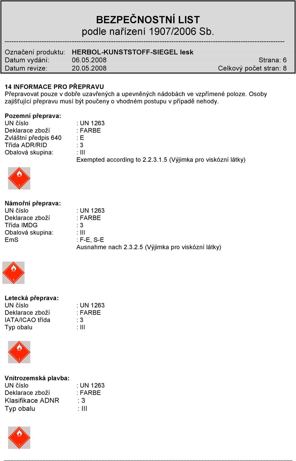 Pozemní přeprava: UN číslo : UN 12