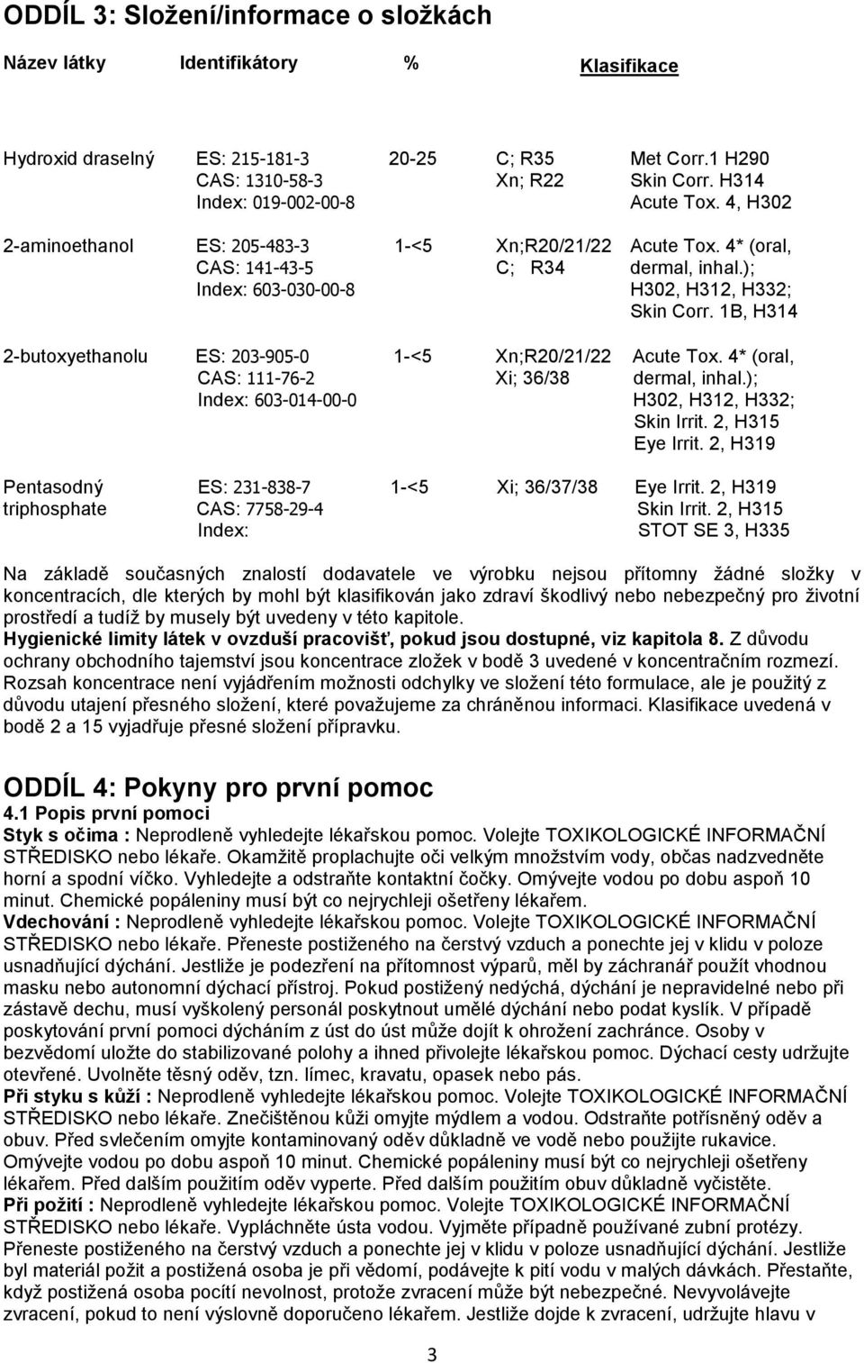 1B, H314 2-butoxyethanolu ES: 203-905-0 1-<5 Xn;R20/21/22 Acute Tox. 4* (oral, CAS: 111-76-2 Xi; 36/38 dermal, inhal.); Index: 603-014-00-0 H302, H312, H332; Skin Irrit. 2, H315 Eye Irrit.