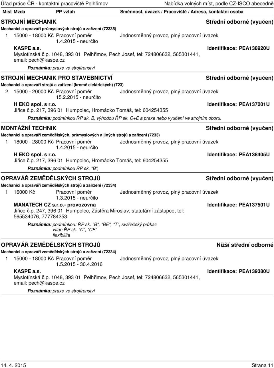 s r.o. Identifikace: PEA137201U Jiřice č.p. 217, 396 01 Humpolec, Hromádko Tomáš, tel: 604254355 Poznámka: podmínkou ŘP sk. B, výhodou ŘP sk. C+E a praxe nebo vyučení ve strojním oboru.