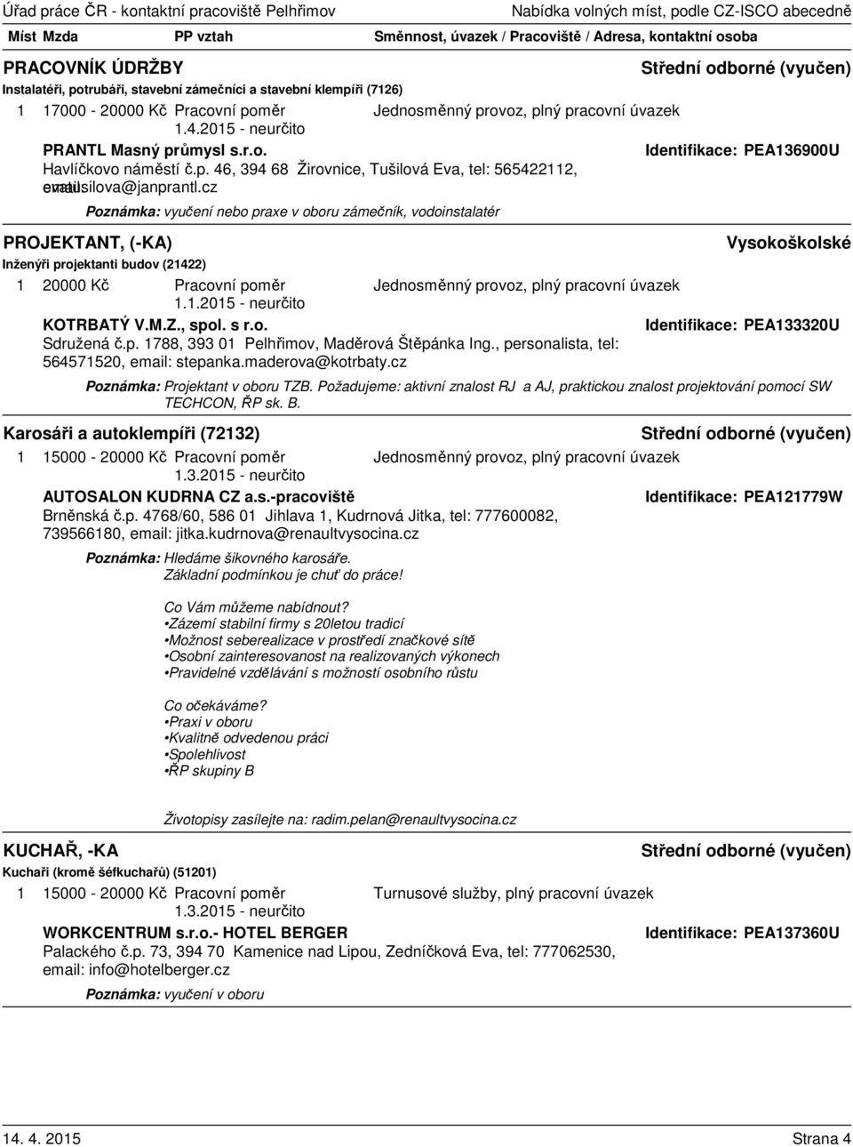 s r.o. Identifikace: PEA133320U Sdružená č.p. 1788, 393 01 Pelhřimov, Maděrová Štěpánka Ing., personalista, tel: 564571520, email: stepanka.maderova@kotrbaty.cz Poznámka: Projektant v oboru TZB.