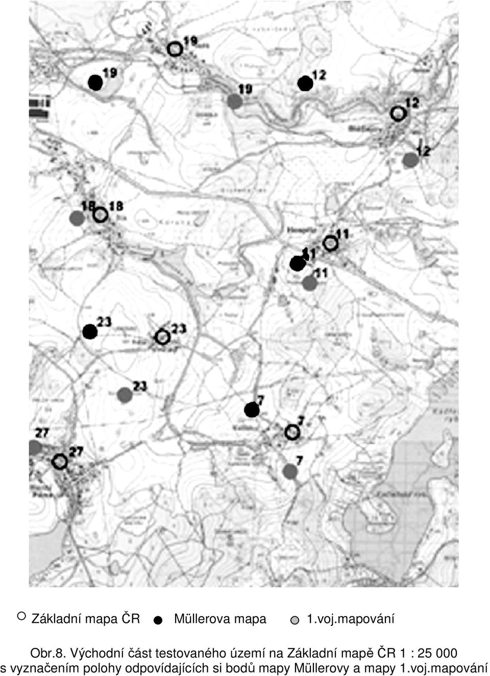 Východní část testovaného území na Základní mapě