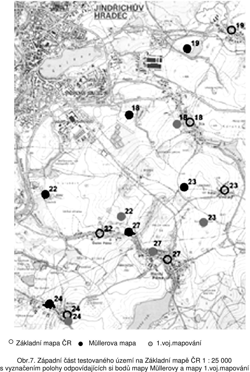 Západní část testovaného území na Základní mapě