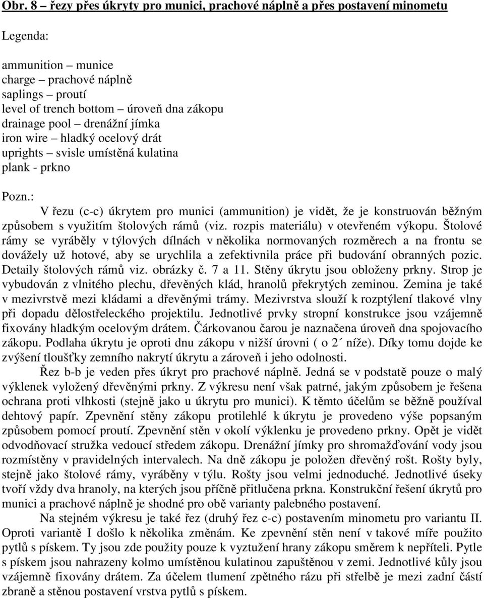 : V řezu (c-c) úkrytem pro munici (ammunition) je vidět, že je konstruován běžným způsobem s využitím štolových rámů (viz. rozpis materiálu) v otevřeném výkopu.