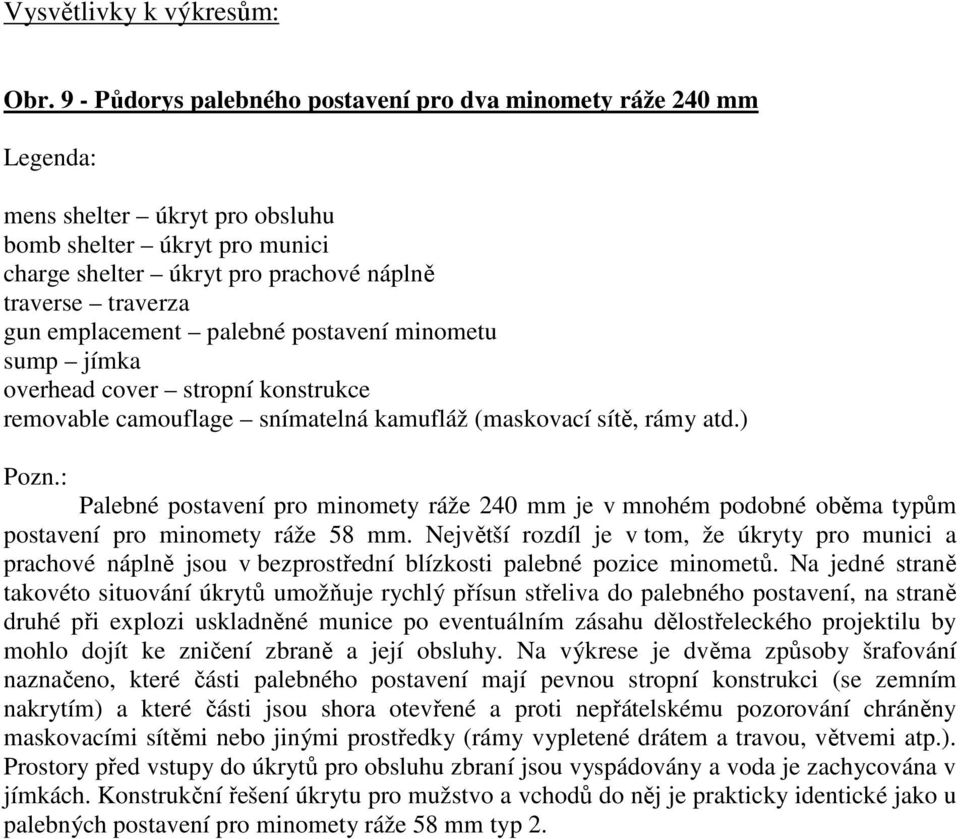 emplacement palebné postavení minometu sump jímka overhead cover stropní konstrukce removable camouflage snímatelná kamufláž (maskovací sítě, rámy atd.) Pozn.