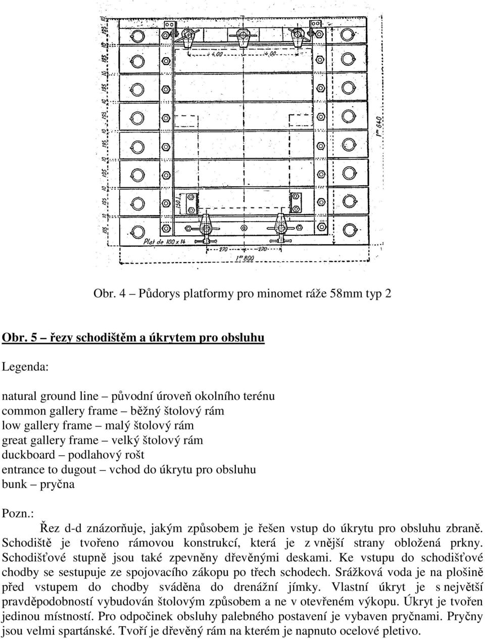 štolový rám duckboard podlahový rošt entrance to dugout vchod do úkrytu pro obsluhu bunk pryčna Pozn.: Řez d-d znázorňuje, jakým způsobem je řešen vstup do úkrytu pro obsluhu zbraně.
