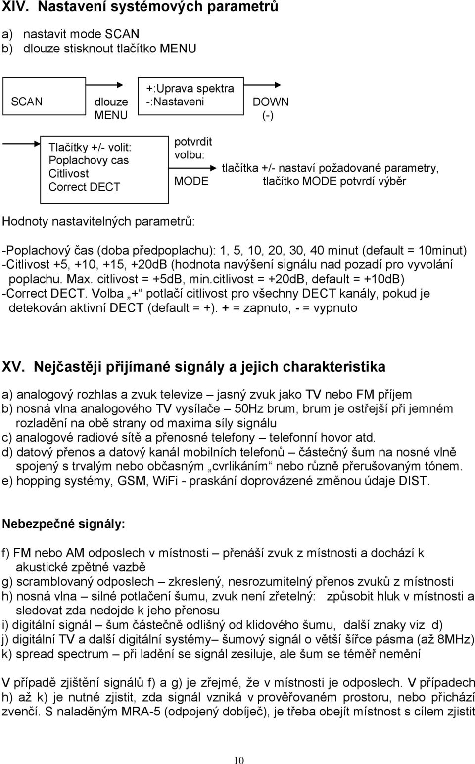 minut (default = 10minut) -Citlivost +5, +10, +15, +20dB (hodnota navýšení signálu nad pozadí pro vyvolání poplachu. Max. citlivost = +5dB, min.citlivost = +20dB, default = +10dB) -Correct DECT.