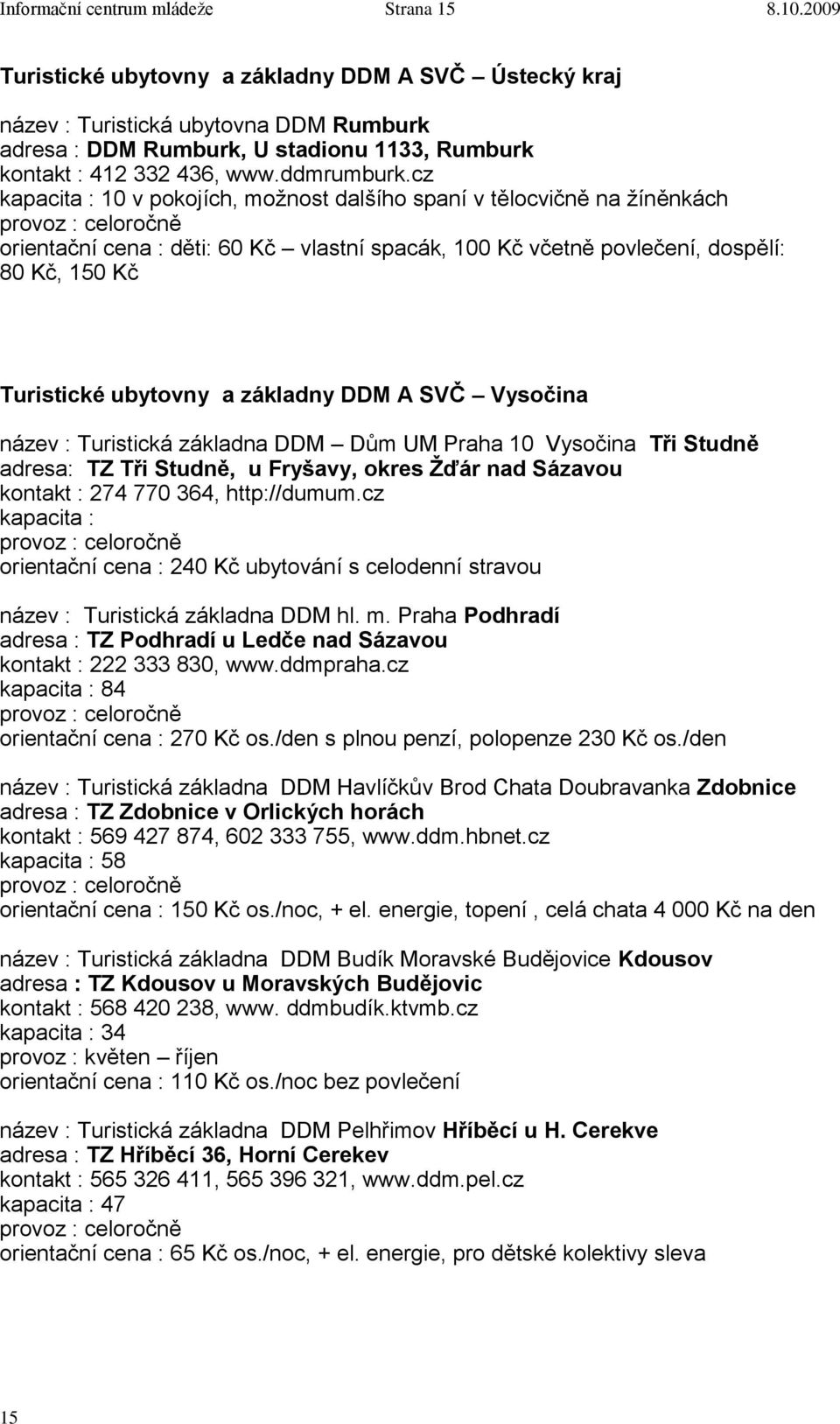 cz kapacita : 10 v pokojích, moţnost dalšího spaní v tělocvičně na ţíněnkách orientační cena : děti: 60 Kč vlastní spacák, 100 Kč včetně povlečení, dospělí: 80 Kč, 150 Kč Turistické ubytovny a