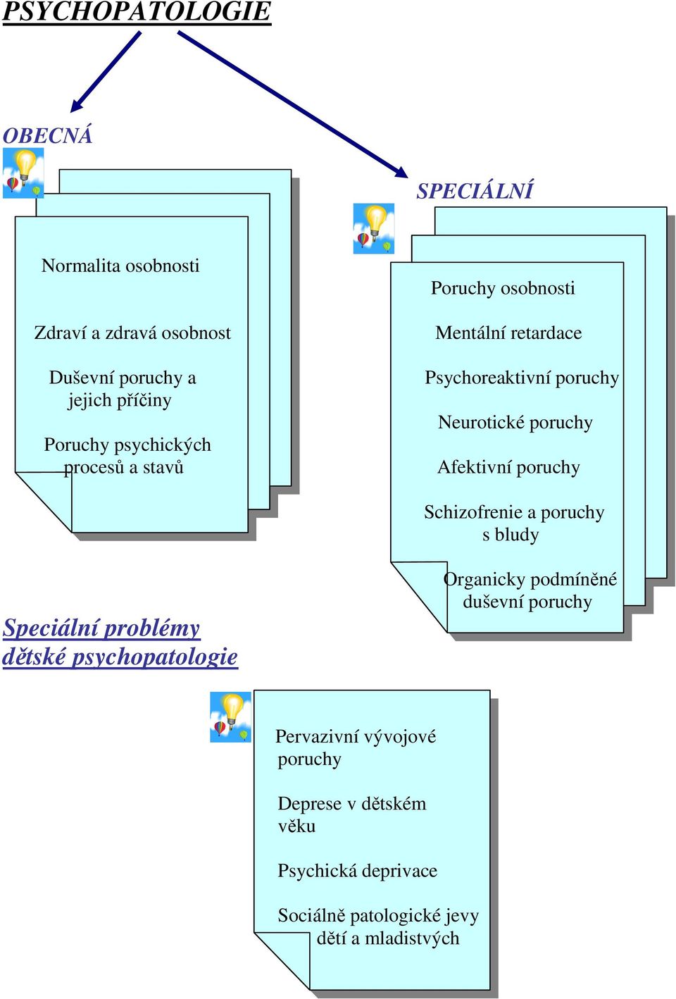 Afektivní poruchy Schizofrenie a poruchy s bludy Speciální problémy dětské psychopatologie Organicky podmíněné