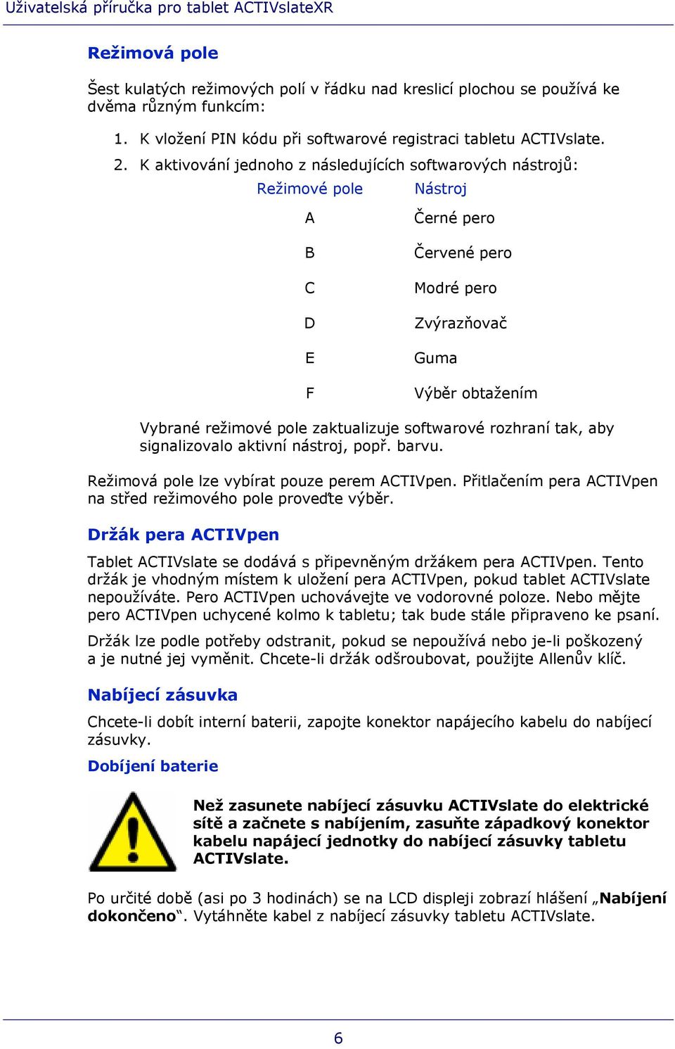 softwarové rozhraní tak, aby signalizovalo aktivní nástroj, popř. barvu. Režimová pole lze vybírat pouze perem ACTIVpen. Přitlačením pera ACTIVpen na střed režimového pole proveďte výběr.