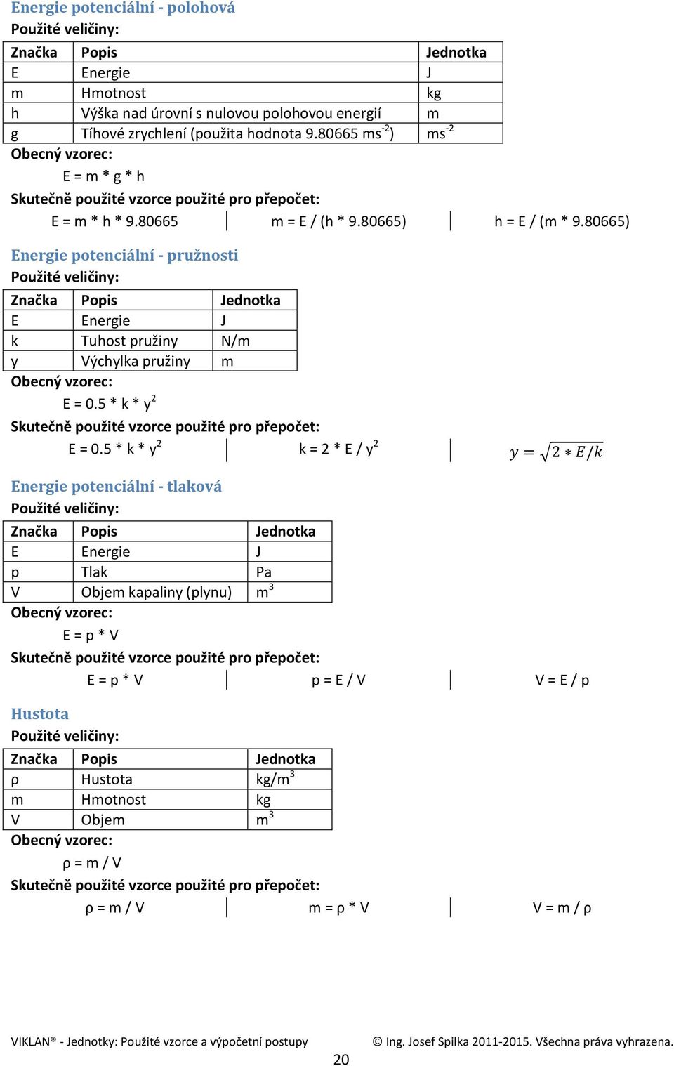 80665) Energie potenciální - pružnosti E Energie J k Tuhost pružiny N/m y Výchylka pružiny m E = 0.5 * k * y E = 0.