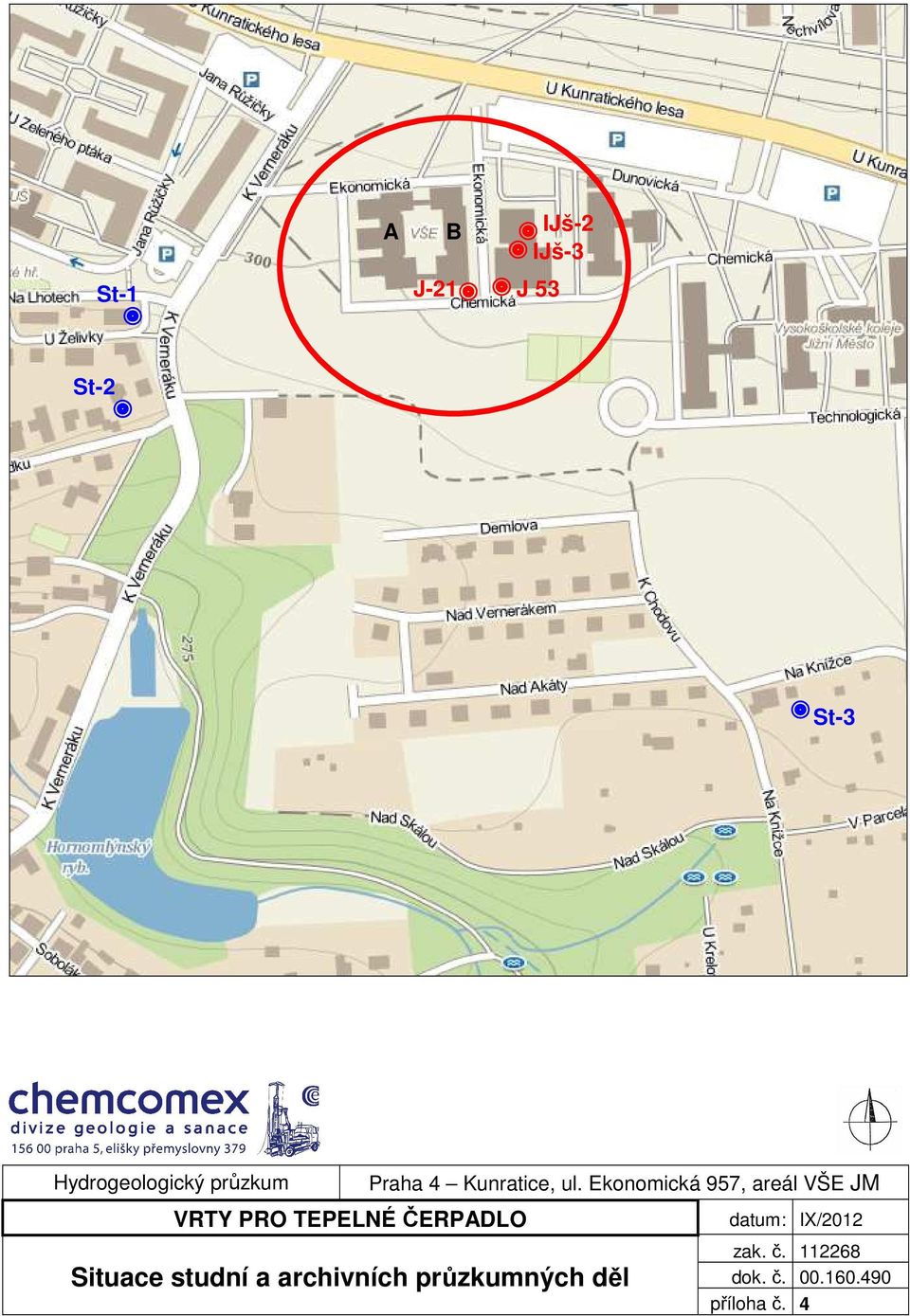 Ekonomická 957, areál VŠE JM Situace studní a archivních