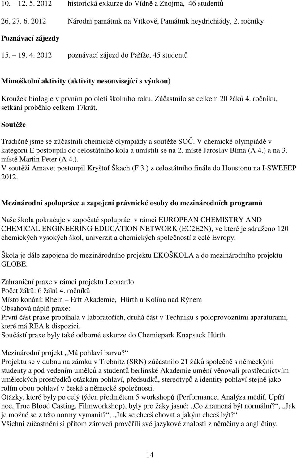 2012 poznávací zájezd do Paříže, 45 studentů Mimoškolní aktivity (aktivity nesouvisející s výukou) Kroužek biologie v prvním pololetí školního roku. Zúčastnilo se celkem 20 žáků 4.