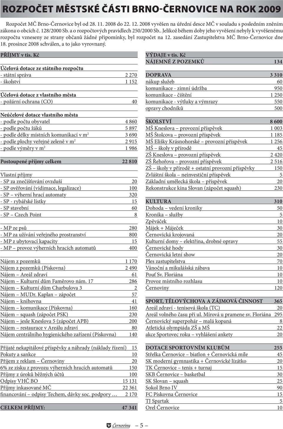 zasedání Zastupitelstva MČ Brno-Černovice dne 18. prosince 28 schválen, a to jako vyrovnaný. PŘÍJMY v tis.